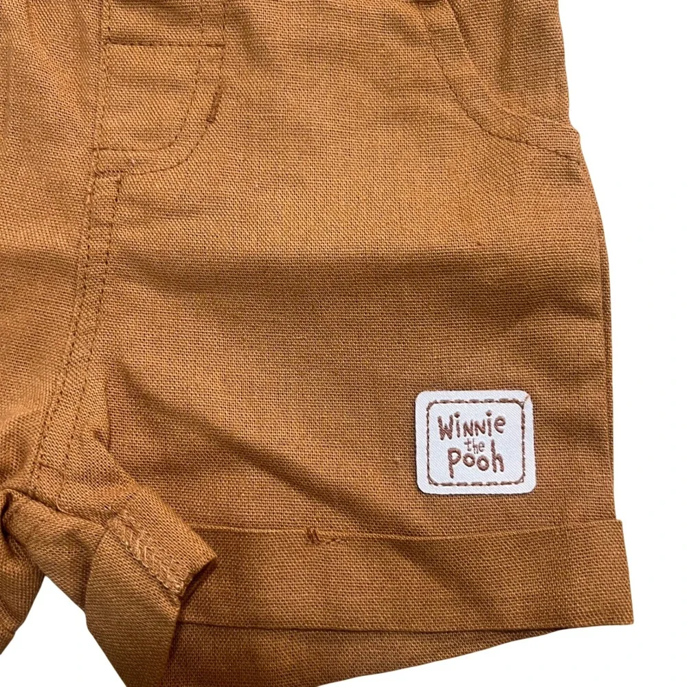 Disney Baby Winnie The Pooh Brown Linen Blend Shorts & Suspenders Size 0-3M